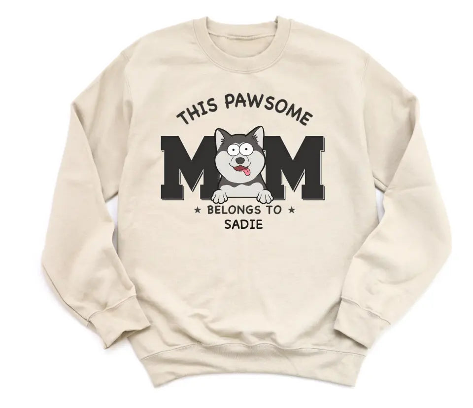 Shirts & Tops-This Pawsome Mom Belongs To - Personalized Unisex T-Shirt for Dog Moms | Dog Mom Gift | Pet Lover T-Shirt-Unisex Sweatshirt-Sand-JackNRoy
