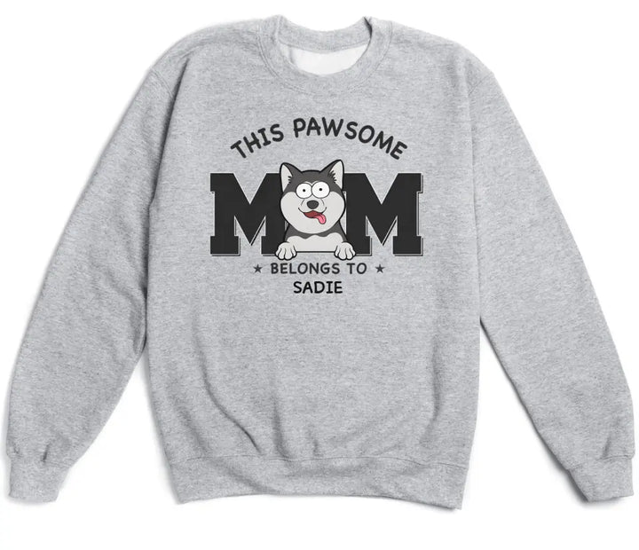 Shirts & Tops-This Pawsome Mom Belongs To - Personalized Unisex T-Shirt for Dog Moms | Dog Mom Gift | Pet Lover T-Shirt-Unisex Sweatshirt-Sport Grey-JackNRoy