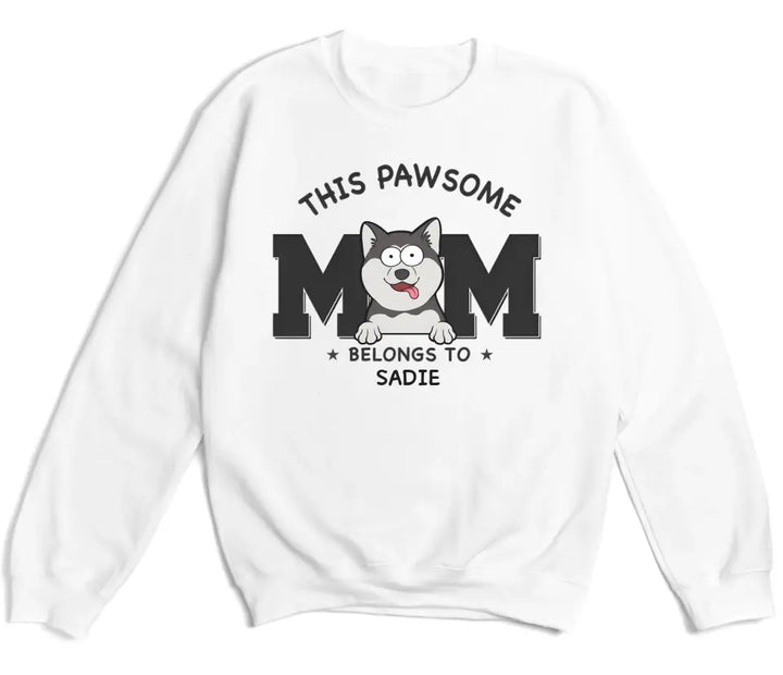 Shirts & Tops-This Pawsome Mom Belongs To - Personalized Unisex T-Shirt for Dog Moms | Dog Mom Gift | Pet Lover T-Shirt-Unisex Sweatshirt-White-JackNRoy
