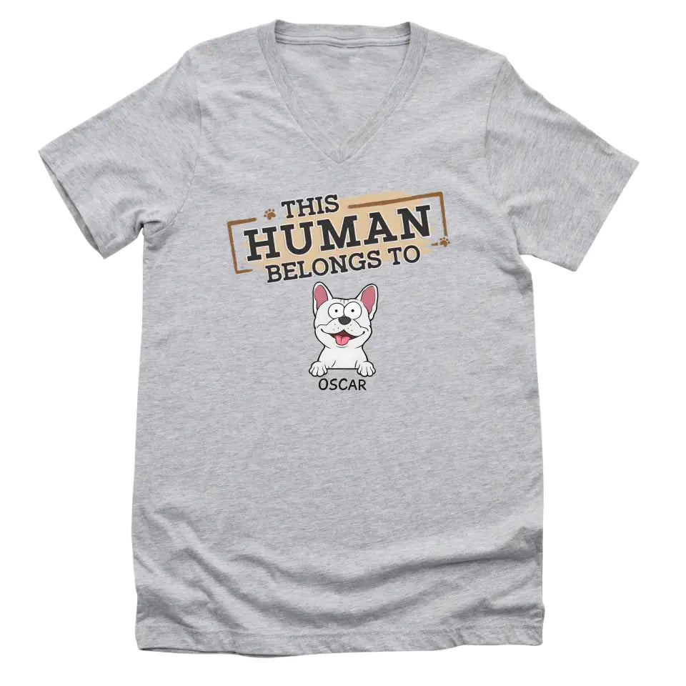 Shirts & Tops-This Human Belongs To - Personalized Unisex T-Shirt for Pet Lovers | Personalized Gift-Unisex V-Neck-Athletic Heather-JackNRoy