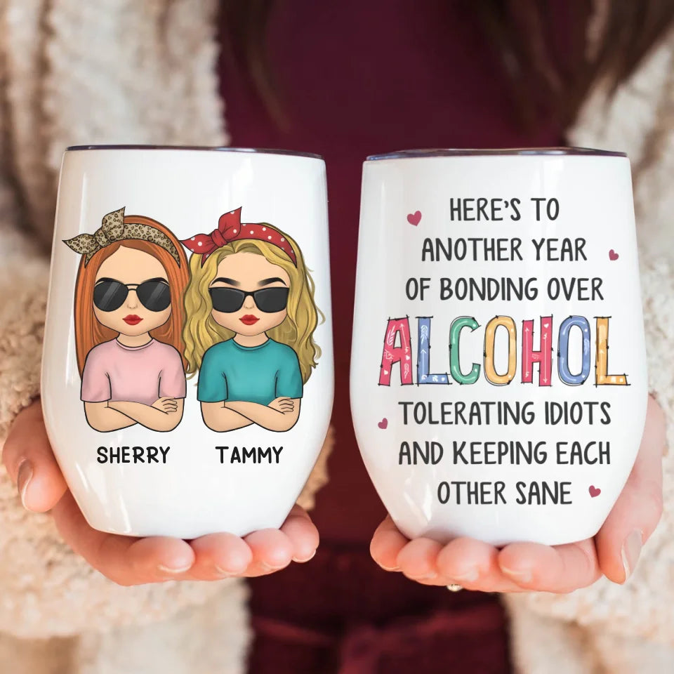 Wine Tumbler-Keeping Each Other Sane - Personalized Wine Tumbler (12oz) | Gift for Besties | Sisters Tumbler-Wine Tumbler-White-JackNRoy