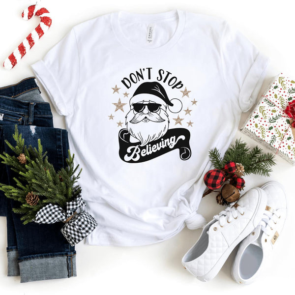 T-Shirt-Don't Stop Believing (Santa) T-Shirt-S-White-Jack N Roy