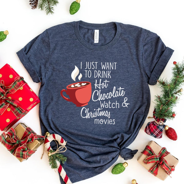 T-Shirt-Hot Chocolate & Christmas Movies T-Shirt-S-Heather Navy-Jack N Roy