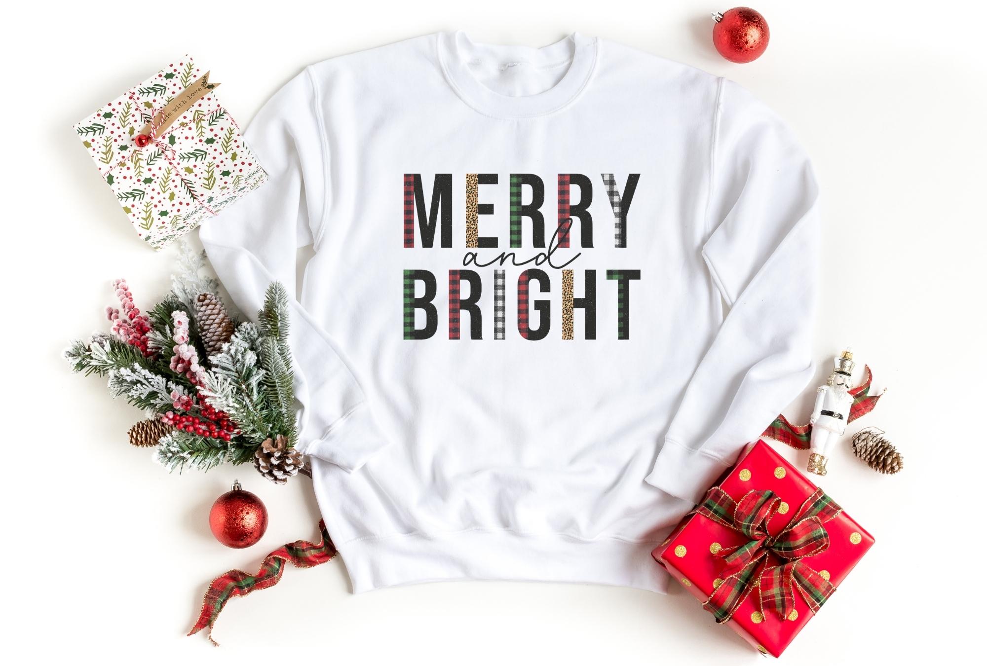 Women's Leopard Christmas Tree Sweatshirt - "Merry And Bright" Funny Holiday Pullover, Grey-Coffee, Medium - View #9