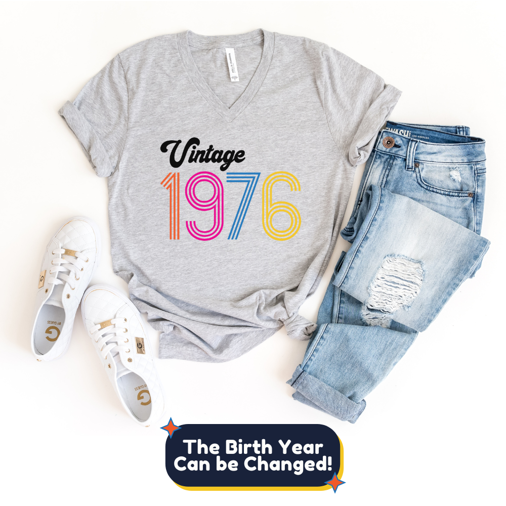 V-Neck Shirt-Vintage Custom Birthday V-Neck (Customize Your Year)-S-Athletic Heather-Jack N Roy