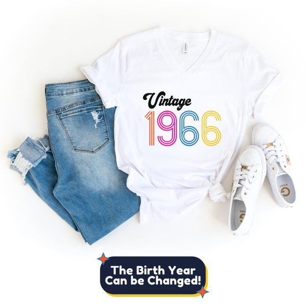 V-Neck Shirt-Vintage Custom Birthday V-Neck (Customize Your Year)-S-White-Jack N Roy