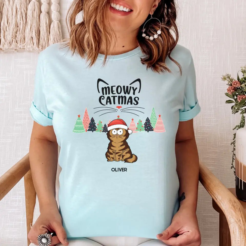 Shirts & Tops-Meowy Catmas! Personalized Unisex T-Shirt for Cat Lovers | Christmas T-Shirt-Unisex T-Shirt-Heather Ice Blue-JackNRoy