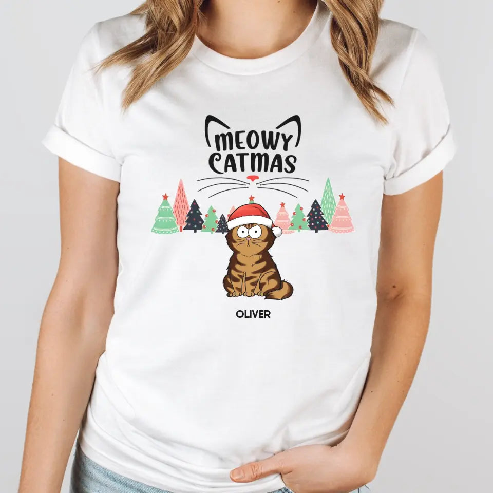 Shirts & Tops-Meowy Catmas! Personalized Unisex T-Shirt for Cat Lovers | Christmas T-Shirt-Unisex T-Shirt-White-JackNRoy