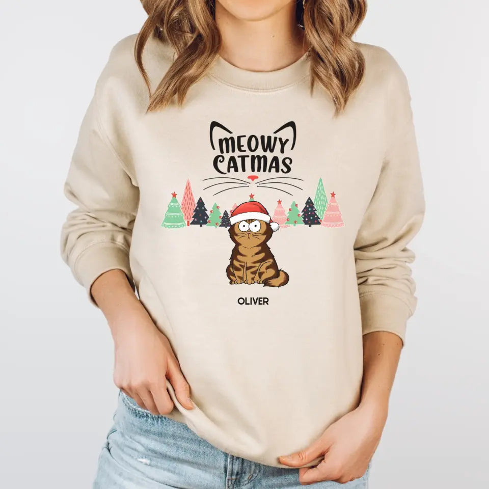 Shirts & Tops-Meowy Catmas! Personalized Unisex T-Shirt for Cat Lovers | Christmas T-Shirt-Unisex Sweatshirt-Sand-JackNRoy