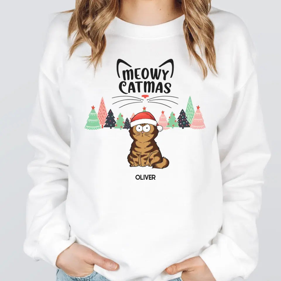 Shirts & Tops-Meowy Catmas! Personalized Unisex T-Shirt for Cat Lovers | Christmas T-Shirt-Unisex Sweatshirt-White-JackNRoy