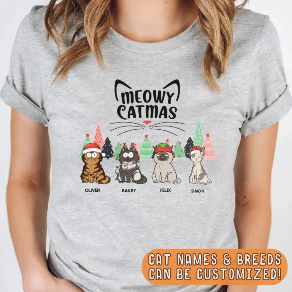 Shirts & Tops-Meowy Catmas! Personalized Unisex T-Shirt for Cat Lovers | Christmas T-Shirt-JackNRoy
