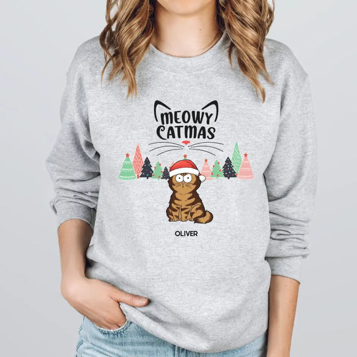 Shirts & Tops-Meowy Catmas! Personalized Unisex Sweatshirt for Cat Lovers | Christmas Sweatshirt-Unisex Sweatshirt-Sport Grey-JackNRoy