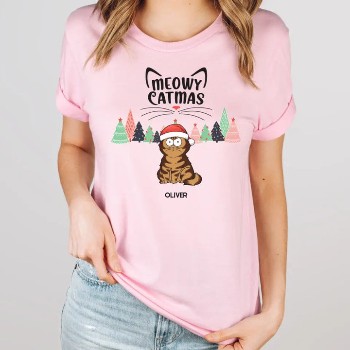 Shirts & Tops-Meowy Catmas! Personalized Unisex Sweatshirt for Cat Lovers | Christmas Sweatshirt-Unisex T-Shirt-Pink-JackNRoy