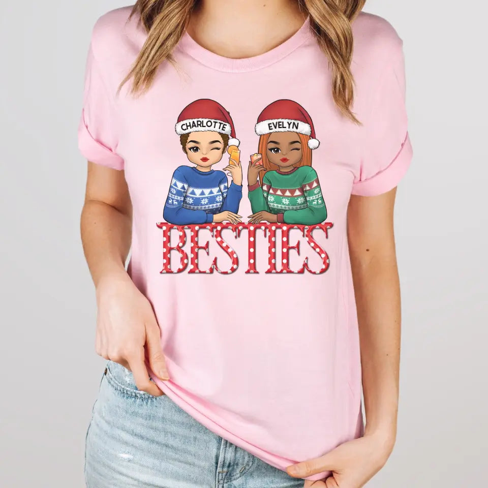 Shirts & Tops-Besties | Personalized Unisex T-Shirt for Besties | Christmas T-Shirt-Unisex T-Shirt-Pink-JackNRoy