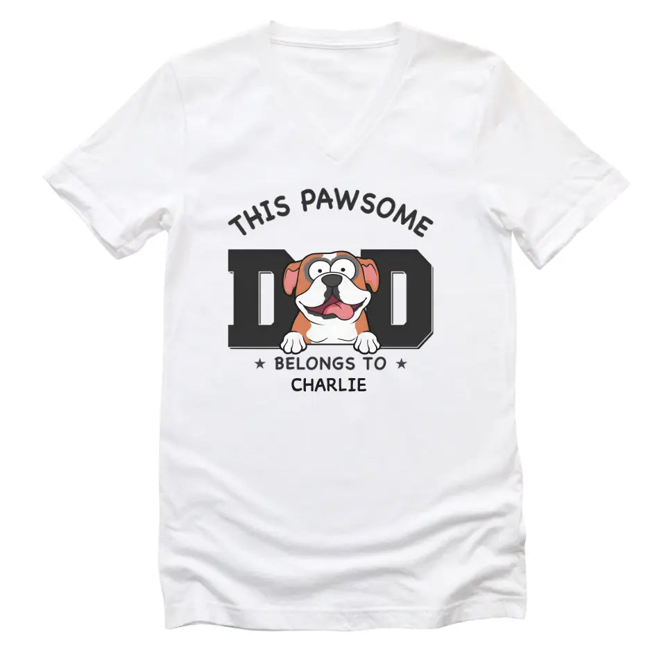 Shirts & Tops-Pawsome Dad Belongs To - Personalized Unisex T-Shirt for Dog Dads | Dog Dad Gift | Pet Lover T-Shirt-Unisex V-Neck-White-JackNRoy