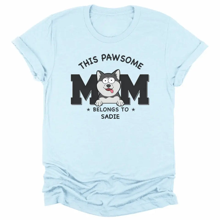 Shirts & Tops-This Pawsome Mom Belongs To - Personalized Unisex T-Shirt for Dog Moms | Dog Mom Gift | Pet Lover T-Shirt-Unisex T-Shirt-Heather Ice Blue-JackNRoy