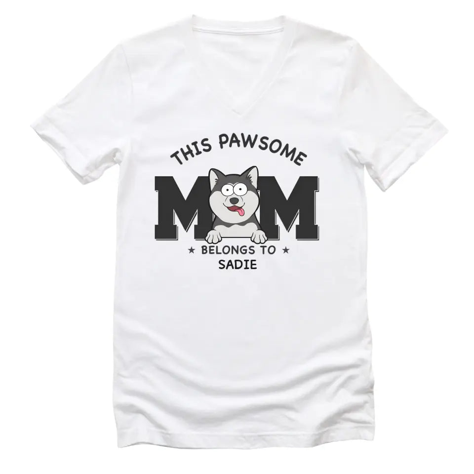Shirts & Tops-This Pawsome Mom Belongs To - Personalized Unisex T-Shirt for Dog Moms | Dog Mom Gift | Pet Lover T-Shirt-Unisex V-Neck-White-JackNRoy