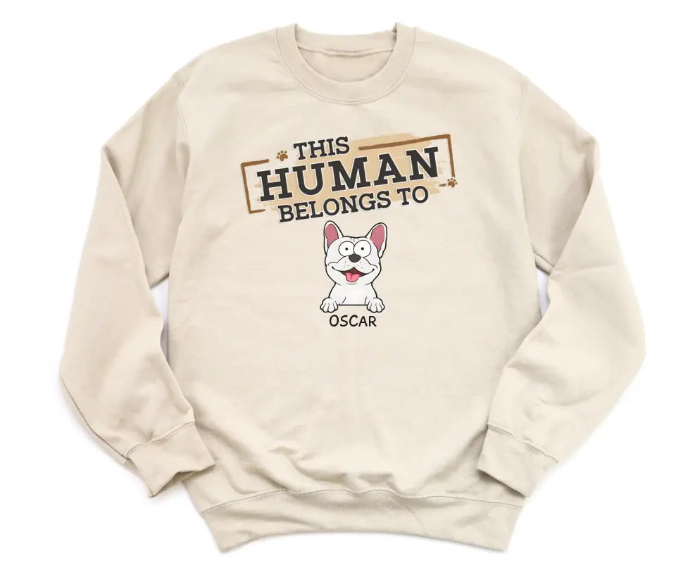 Shirts & Tops-This Human Belongs To - Personalized Unisex T-Shirt for Pet Lovers | Personalized Gift-Unisex Sweatshirt-Sand-JackNRoy