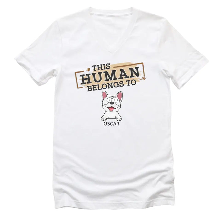 Shirts & Tops-This Human Belongs To - Personalized Unisex T-Shirt for Pet Lovers | Personalized Gift-Unisex V-Neck-White-JackNRoy