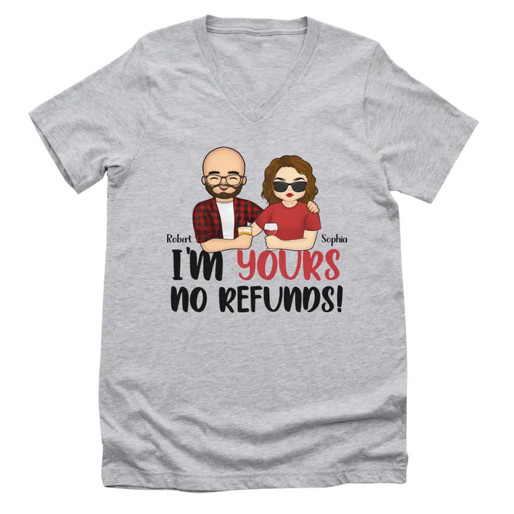 Shirts & Tops-I'm Yours No Refunds - Personalized Unisex T-Shirt for Couples | Personalized Gifts | Couple T-Shirt-Unisex V-Neck-Athletic Heather-JackNRoy