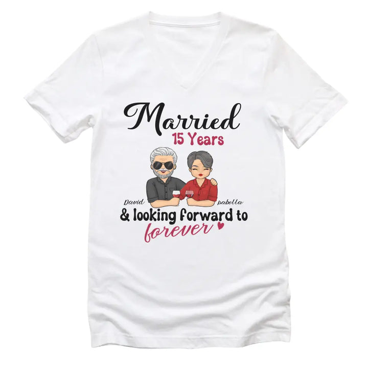 Shirts & Tops-Looking Forward to Forever - Personalized Unisex T-Shirt for Couples | Couple Gifts-Unisex V-Neck-White-JackNRoy