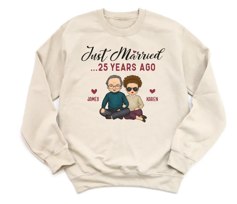 Shirts & Tops-Just Married... Years Ago - Personalized Unisex T-Shirt for Couples | Funny Couple Tee | Couple Gifts-Unisex Sweatshirt-Sand-JackNRoy