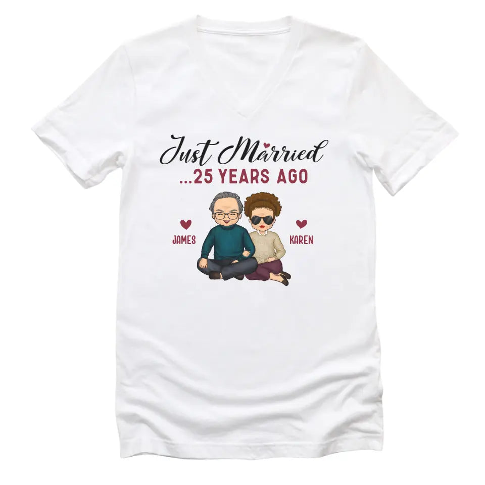 Shirts & Tops-Just Married... Years Ago - Personalized Unisex T-Shirt for Couples | Funny Couple Tee | Couple Gifts-Unisex V-Neck-White-JackNRoy