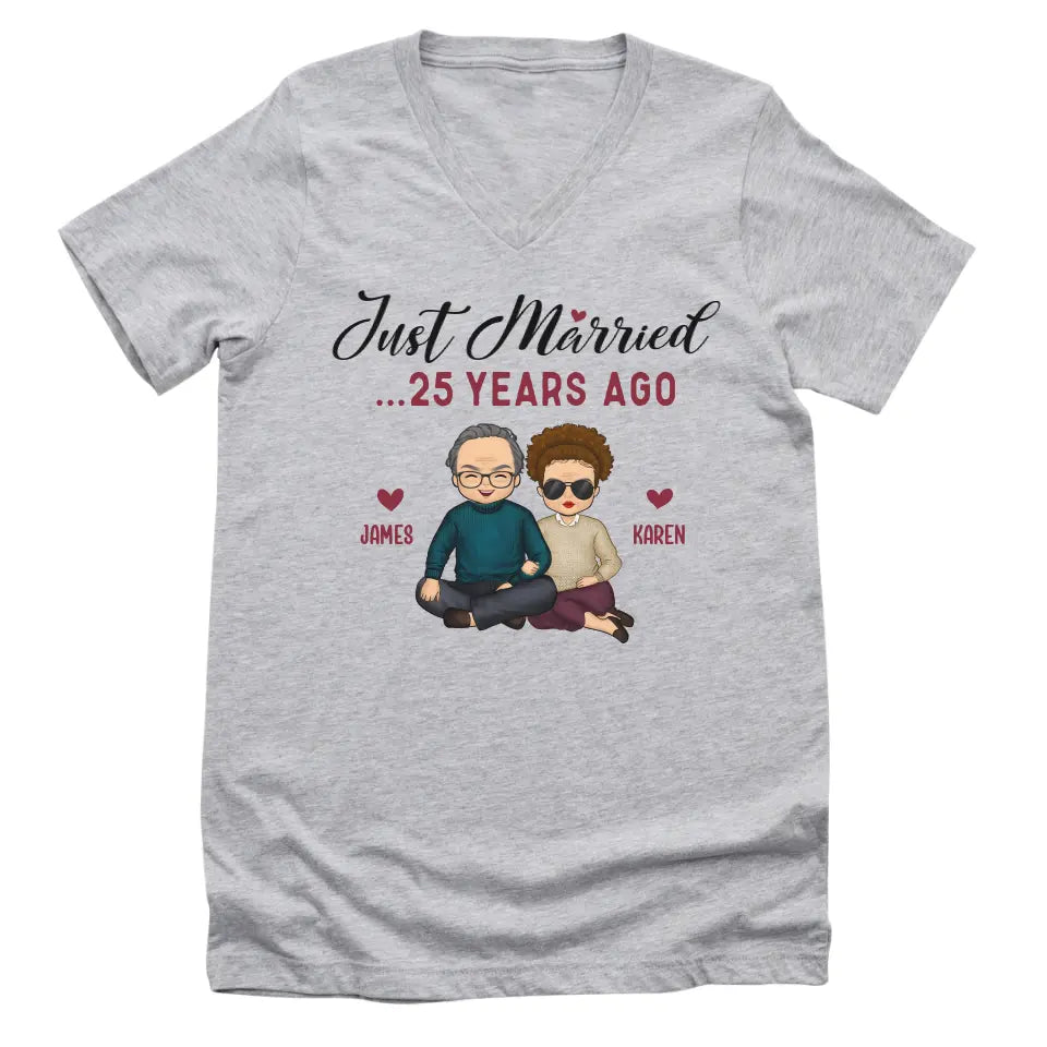 Shirts & Tops-Just Married... Years Ago - Personalized Unisex T-Shirt for Couples | Funny Couple Tee | Couple Gifts-Unisex V-Neck-Athletic Heather-JackNRoy