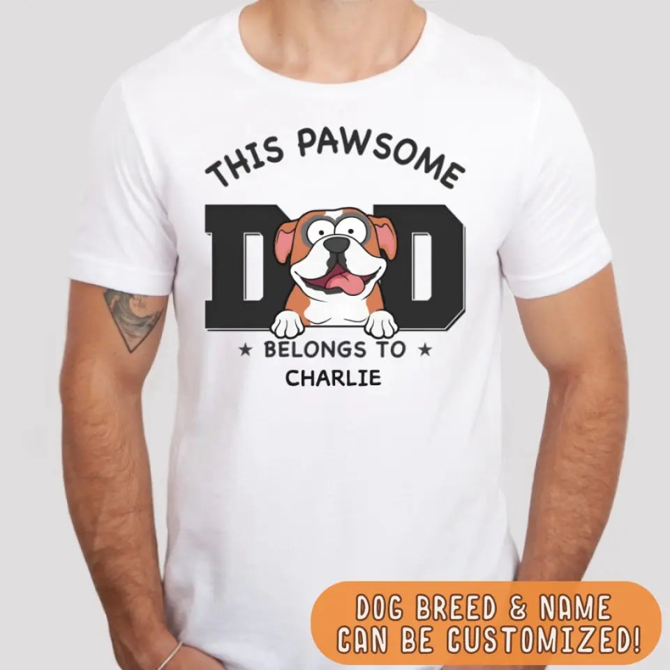 Shirts & Tops-Pawsome Dad Belongs To - Personalized Unisex T-Shirt for Dog Dads | Dog Dad Gift | Pet Lover T-Shirt-JackNRoy