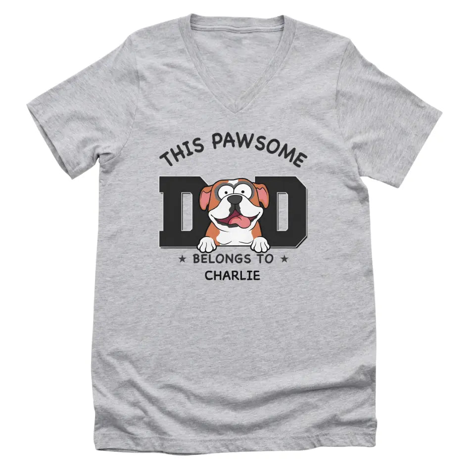 Shirts & Tops-Pawsome Dad Belongs To - Personalized Unisex Sweatshirt for Dog Dads | Dog Dad Gift | Pet Lover Sweatshirt-Unisex V-Neck-Athletic Heather-JackNRoy