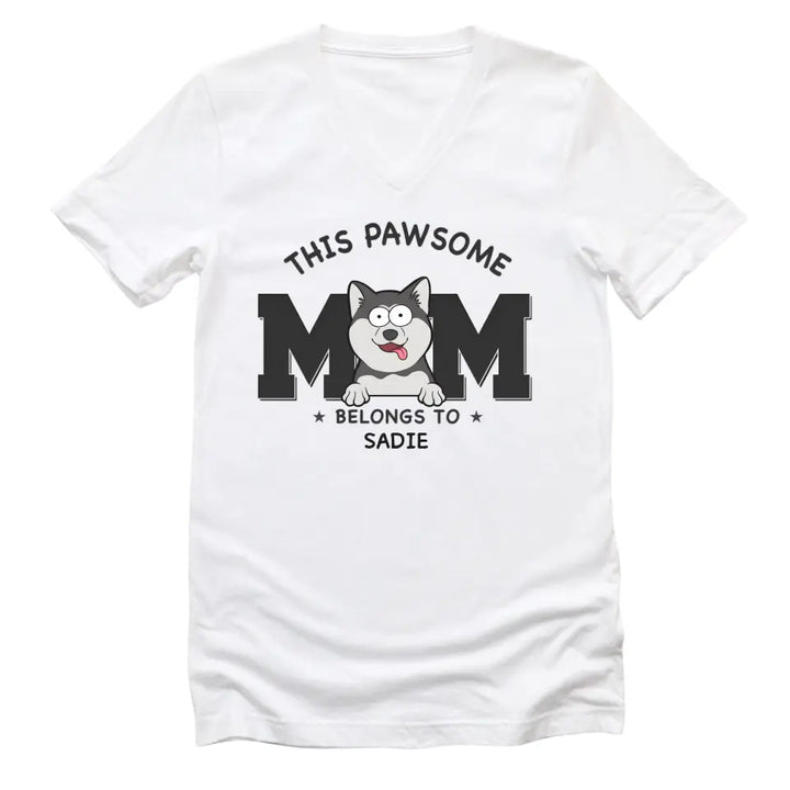 Shirts & Tops-This Pawsome Mom Belongs To - Personalized Unisex Sweatshirt for Dog Moms | Dog Mom Gift | Pet Lover Sweatshirt-Unisex V-Neck-White-JackNRoy
