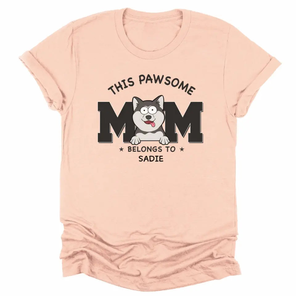 Shirts & Tops-This Pawsome Mom Belongs To - Personalized Unisex Sweatshirt for Dog Moms | Dog Mom Gift | Pet Lover Sweatshirt-Unisex T-Shirt-Heather Peach-JackNRoy