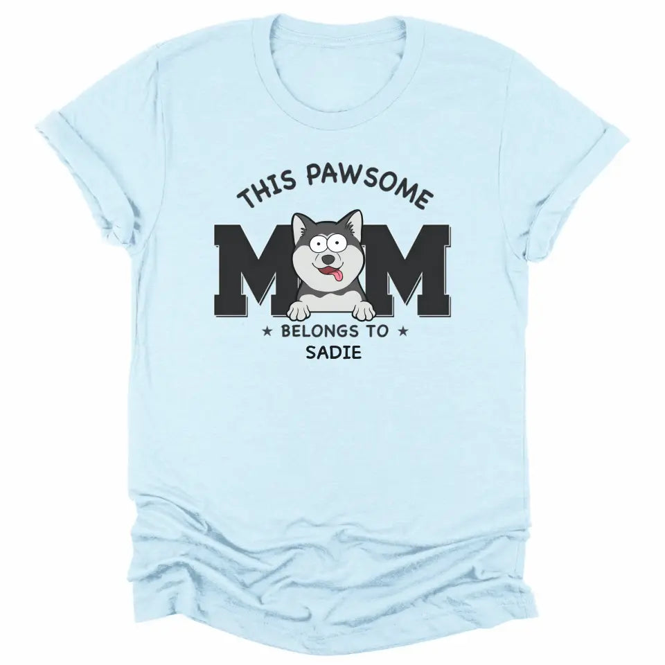 Shirts & Tops-This Pawsome Mom Belongs To - Personalized Unisex Sweatshirt for Dog Moms | Dog Mom Gift | Pet Lover Sweatshirt-Unisex T-Shirt-Heather Ice Blue-JackNRoy