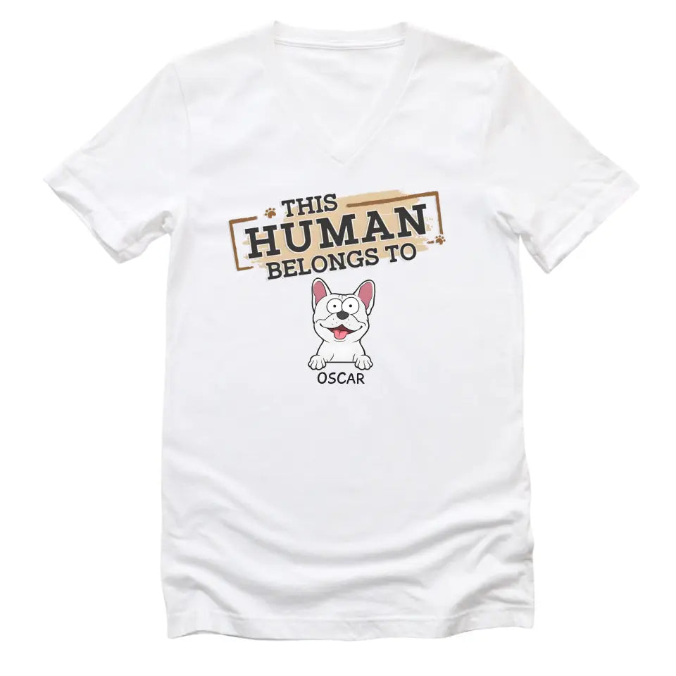 Shirts & Tops-This Human Belongs To - Personalized Unisex Sweatshirt for Pet Lovers | Personalized Gift-Unisex V-Neck-White-JackNRoy