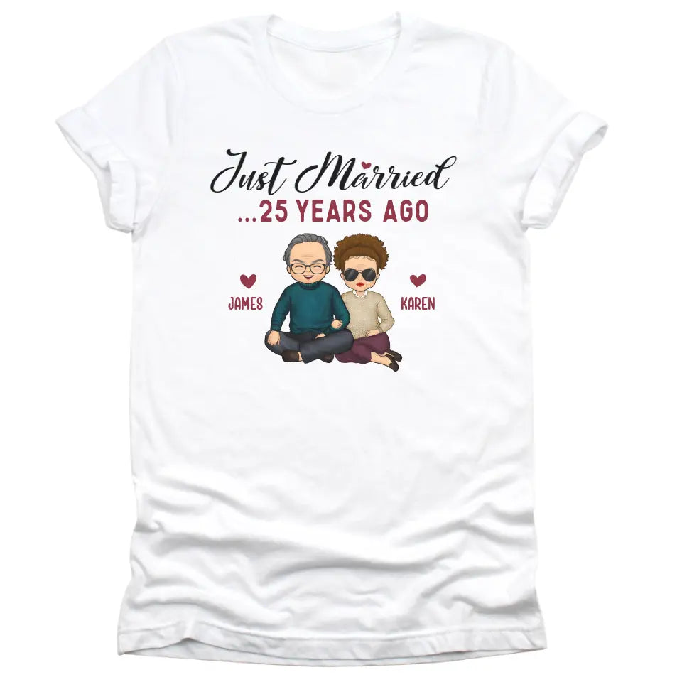Shirts & Tops-Just Married... Years Ago - Personalized Unisex Sweatshirt for Couples | Funny Couple Sweatshirt-Unisex T-Shirt-White-JackNRoy
