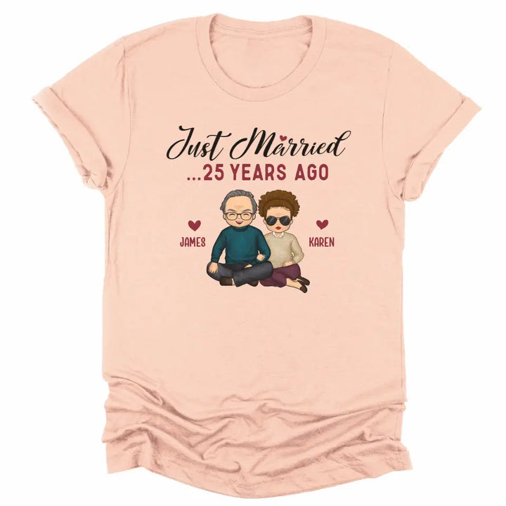 Shirts & Tops-Just Married... Years Ago - Personalized Unisex Sweatshirt for Couples | Funny Couple Sweatshirt-Unisex T-Shirt-Heather Peach-JackNRoy