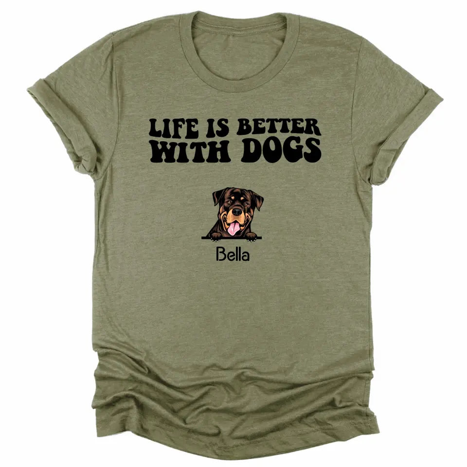 Shirts & Tops-Life Is Better With Dogs - Personalized Unisex T-Shirt for Dog Lovers | Dog Lover Shirt | Dog Mom Gift | Dog Dad Gift-Unisex T-Shirt-Heather Olive-JackNRoy