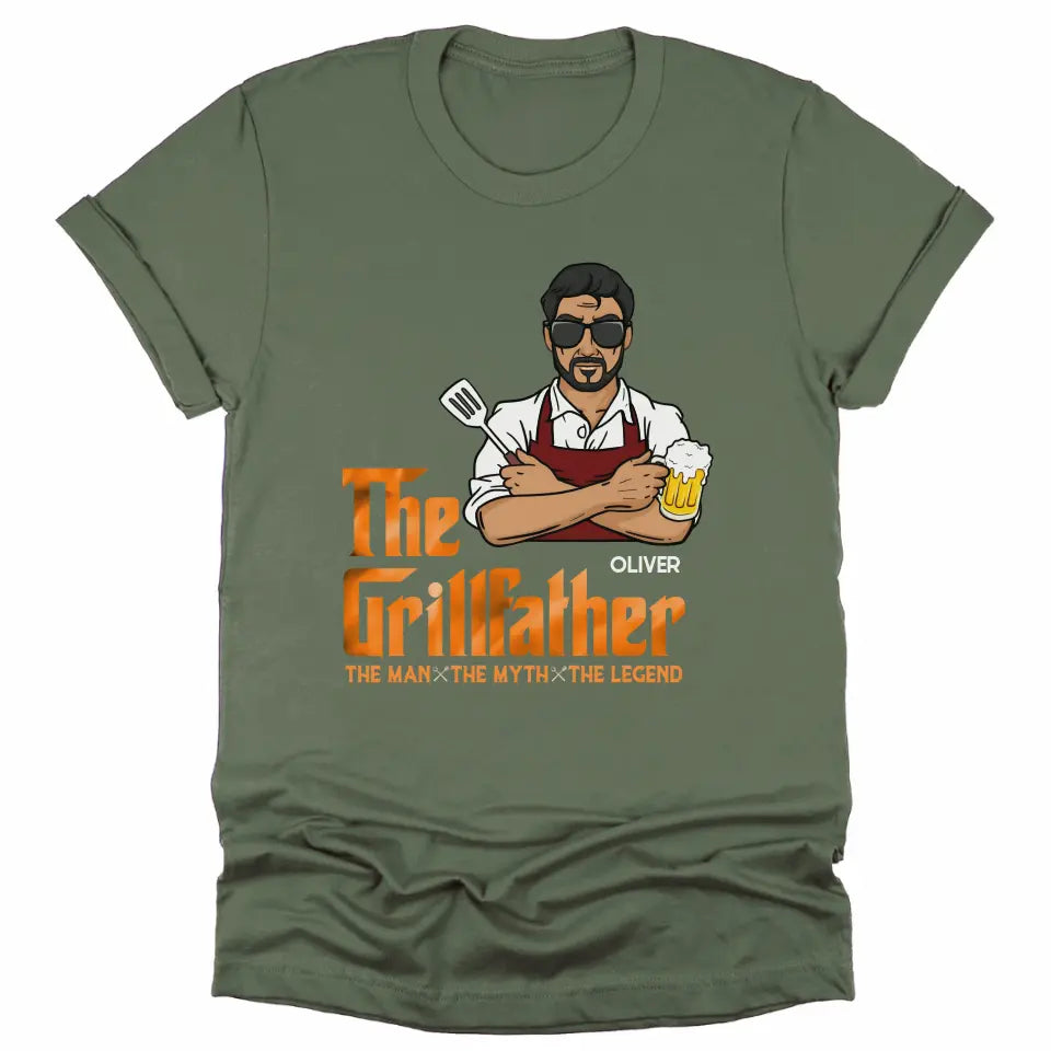 Shirts & Tops-The Grillfather - Personalized Unisex T-Shirt For Men | Barbeque Lover Shirt | Gift For Him-Unisex T-Shirt-Military Green-JackNRoy