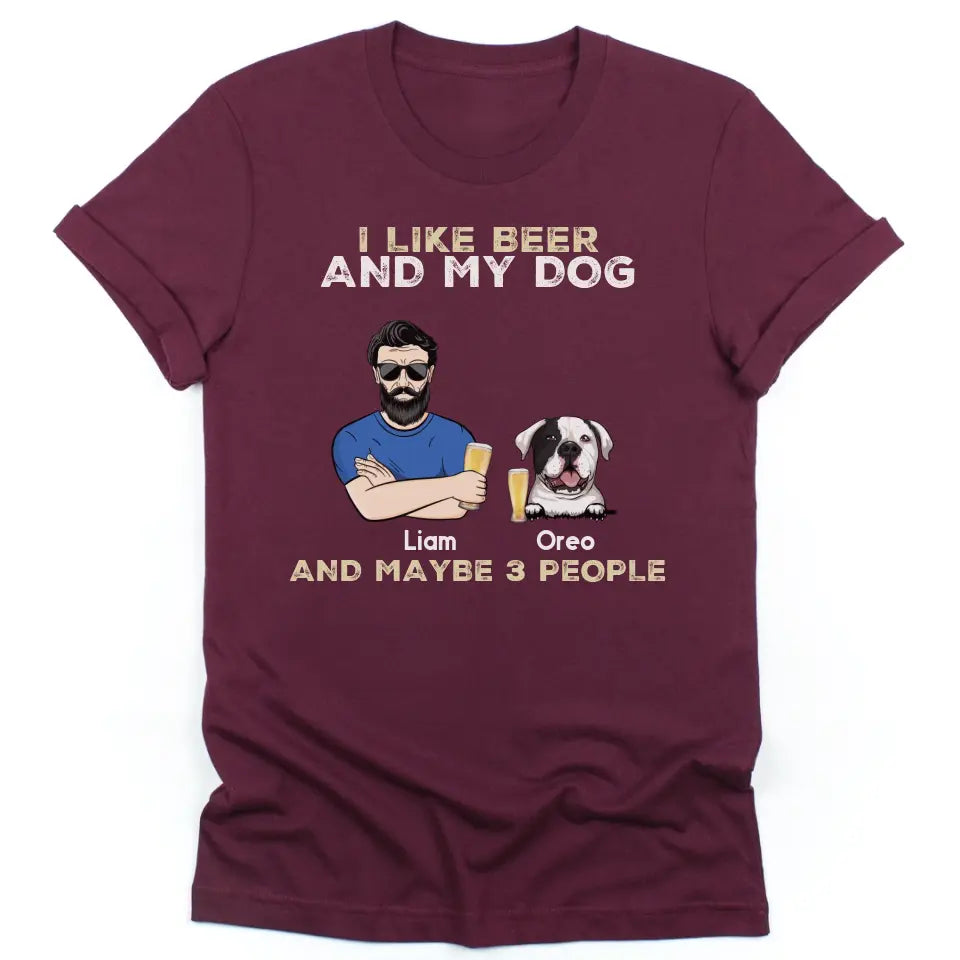 Shirts & Tops-I Like My Beer And My Dog - Personalized Unisex T-Shirt for Men | Dog Dad Shirt | Dog Lover Gift-Unisex T-Shirt-Maroon-JackNRoy