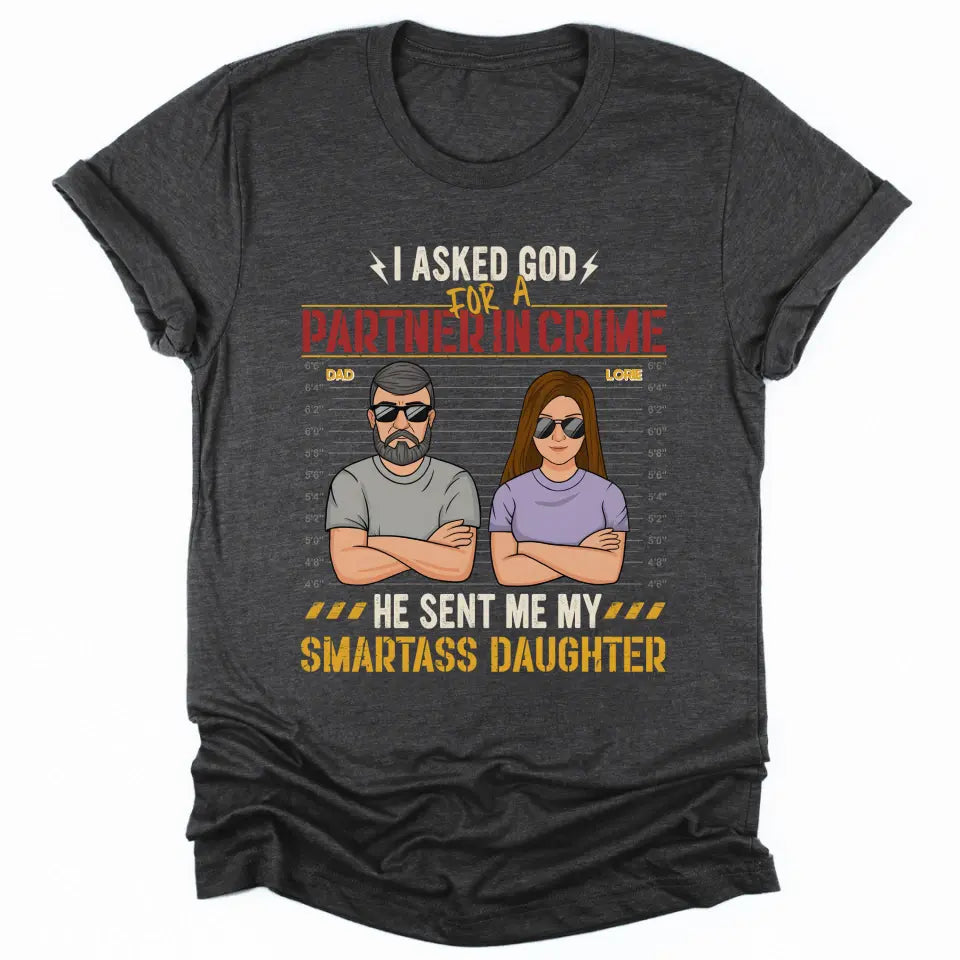 Shirts & Tops-Partners In Crime (Daughter) - Personalized T-Shirt for Dad | Gifts for Dad | Dad Shirts-Unisex T-Shirt-Dark Grey Heather-JackNRoy