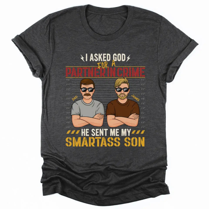 Shirts & Tops-Partners In Crime (Son) - Personalized Unisex T-Shirt for Dad | Dad Shirt | Dad Gift-Unisex T-Shirt-Dark Grey Heather-JackNRoy