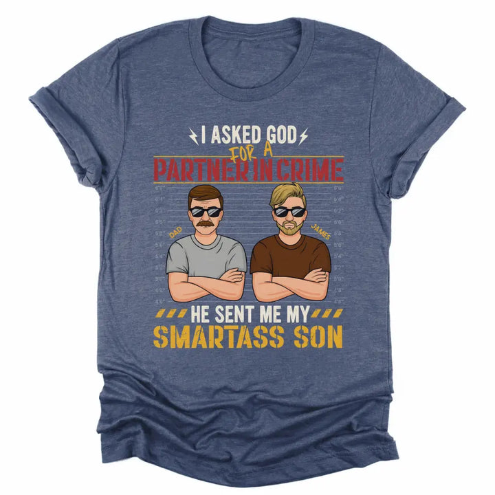 Shirts & Tops-Partners In Crime (Son) - Personalized Unisex T-Shirt for Dad | Dad Shirt | Dad Gift-Unisex T-Shirt-Heather Navy-JackNRoy