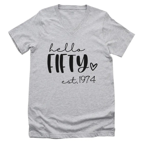 T-Shirt-Hello Fifty (EST) - Personalized Unisex T-Shirt-Unisex V-Neck-S-JackNRoy