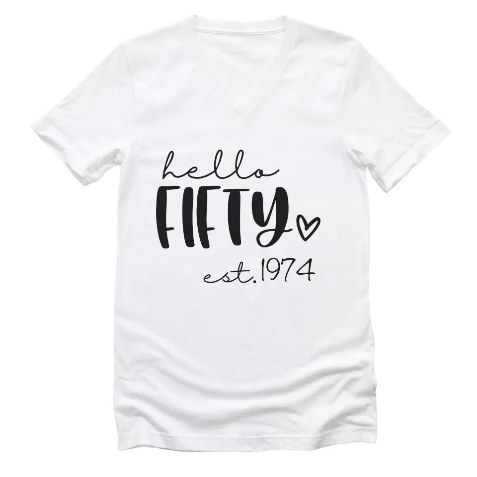 T-Shirt-Hello Fifty (EST) - Personalized Unisex T-Shirt-Unisex V-Neck-S-JackNRoy