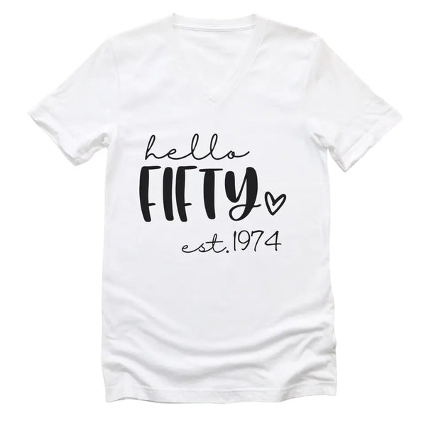 T-Shirt-Hello Fifty (EST) - Personalized Unisex T-Shirt-Unisex V-Neck-S-JackNRoy