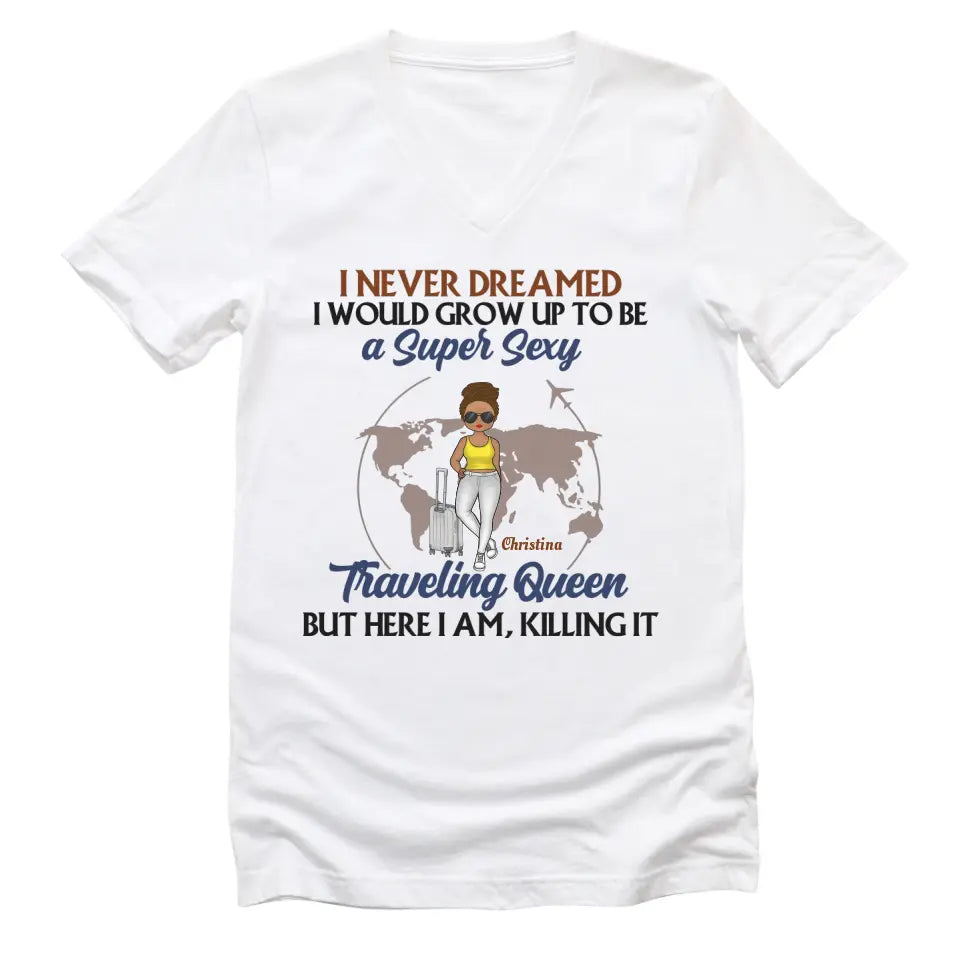 T-Shirt-Traveling Queen - Personalized Unisex T-Shirt | Gift For Her | Traveling Shirt-Unisex V-Neck-White-JackNRoy