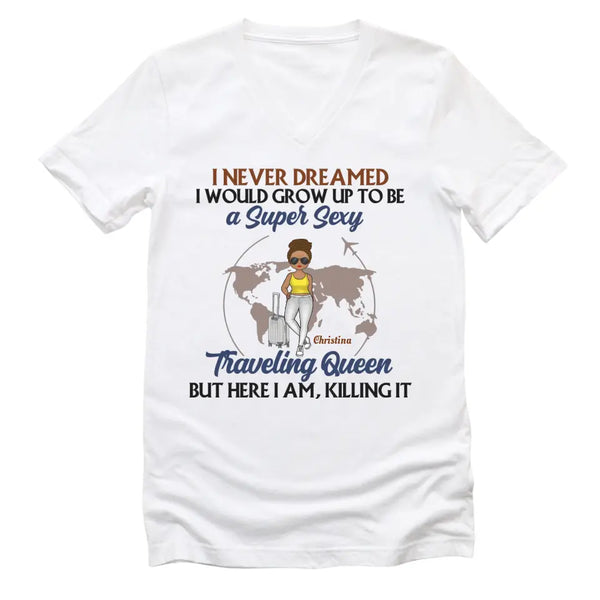 T-Shirt-Traveling Queen - Personalized Unisex T-Shirt | Gift For Her | Traveling Shirt-Unisex V-Neck-White-JackNRoy