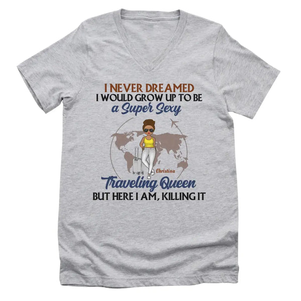 T-Shirt-Traveling Queen - Personalized Unisex T-Shirt | Gift For Her | Traveling Shirt-Unisex V-Neck-Athletic Heather-JackNRoy