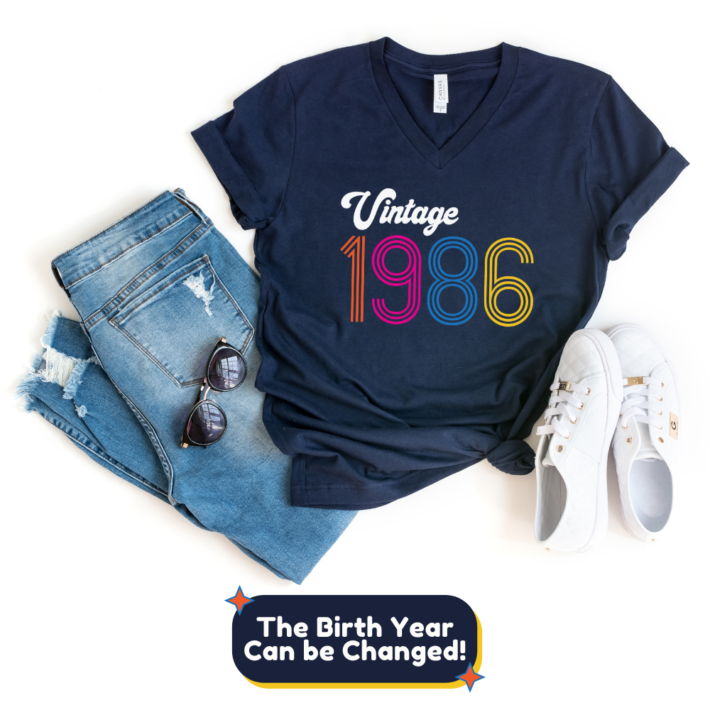 V-Neck Shirt-Vintage Custom Birthday V-Neck (Customize Your Year)-S-Navy-Jack N Roy
