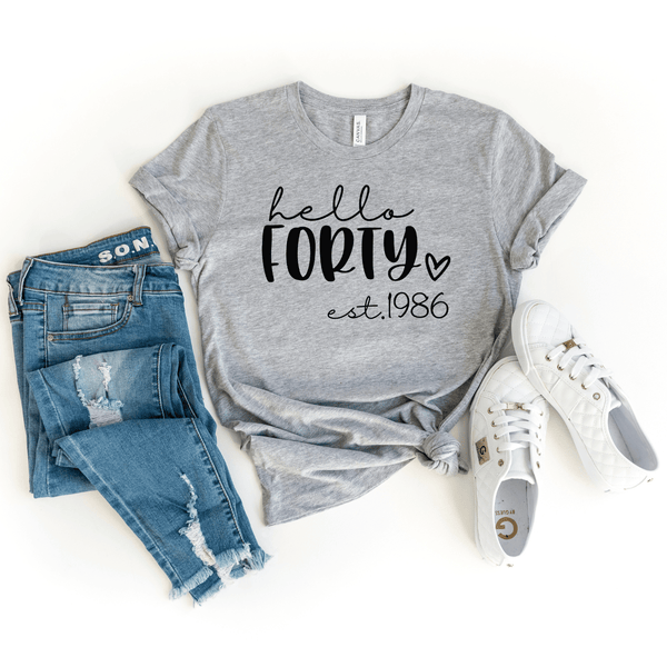 Anbech Women's Hello Forty 40th Birthday T-Shirt - Cute Graphic Letter Print Short Sleeve Top - Blue